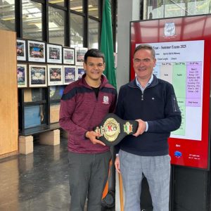 Filipe Nunes Do Nascimento, 3rd year student from St. Brendan’s Community School is pictured being congratulated by Deputy-Principal Mr. Paul D’Arcy and Year Head Mr. Brian Kennedy following his national U18 kick boxing championship win, at the weekend. Filipe won his title at a contest in the Marian Hall, on Saturday. He was delighted by the support he received from his year group. Congratulations Filipe and continued success in his chosen sport.