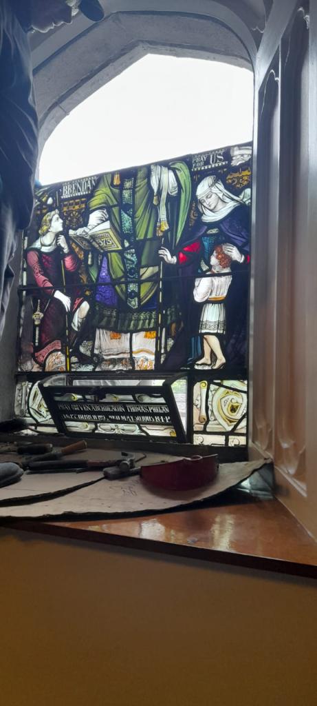 Work has started on the restoration of the St. Brendan window the window was removed on Friday last. We await its return with anticipation, when we hopefully will see the window in all its splendour, as it was in 1904.