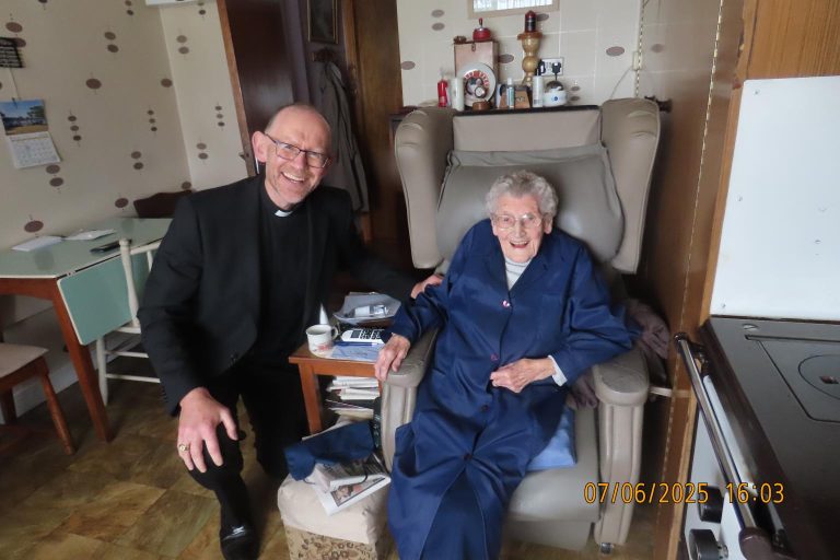 Visit of Bishop Fintan to Nell Hynes Coolderry the 2nd oldest person in Ireland at 108 years.
