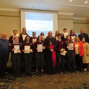Congratulations to the young people of St. Brendan’s C.S who participated in the JPII awards scheme last year.  They received there medals & certificates from Bishop Fintan at a function in the Woodstock Hotel Ennis, Wednesday November 19th